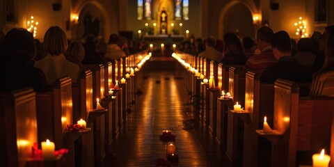 Wall Mural - A candlelit prayer vigil taking place inside a dimly lit church. 