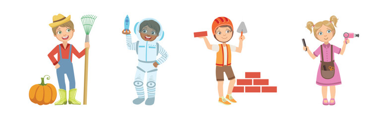 Wall Mural - Little Boy and Girl Character in Professional Uniform Vector Set