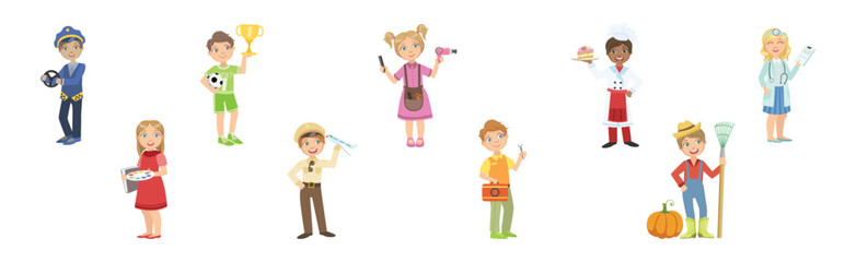 Canvas Print - Little Boy and Girl Character in Professional Uniform Vector Set