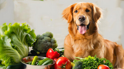 Wall Mural - Happy golden retriever dog with vegetables