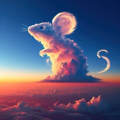 Wall Mural - Lightly colored cloud sculpted into the shape of a cute mouse in the clear blue sky
