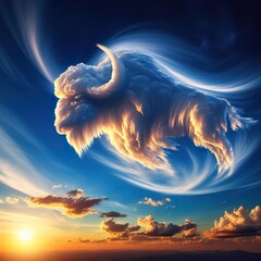 Canvas Print - Lightly colored cloud sculpted into the shape of a buffalo in the clear blue sky