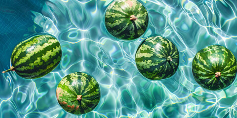 Wall Mural - overhead view of watermelons floating in a summer swimming pool