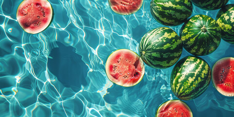 Wall Mural - overhead view of watermelons floating in a summer swimming pool