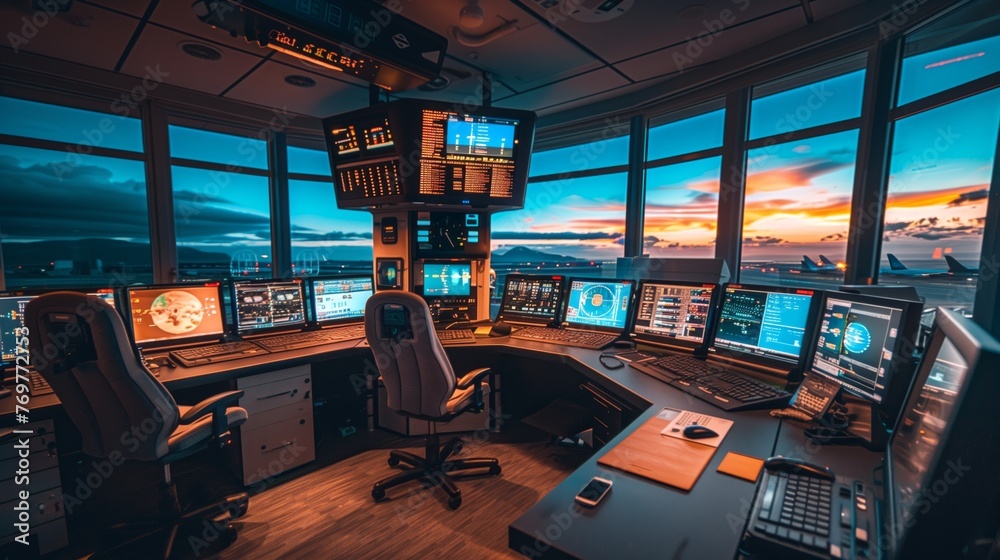 Modern Air Traffic Control Tower Interior. Advanced air traffic control tower cockpit features multiple illuminated monitors and control panels during twilight.