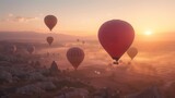 Hot Air Balloons Glowing at Sunrise Over Fields. Serene scene of hot air balloons glowing with the sunrise, as they navigate over soft misty fields and rock formations.