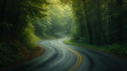 Poster - A winding road in a green forest.