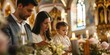 A family gathered around the altar, witnessing the christening of their child. 