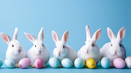 Cute fluffy white bunnies sitting in a row with Easter eggs on a blue plain background with copy space. Easter card, banner with place for text. Religious holiday