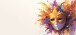 Colorful carnival mask with paint splashes on a white background banner, copy space for text
