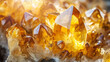 A mesmerizing formation of citrine crystals irradiates under a beaming sunlight, creating a spectacle of light and color