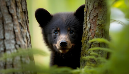 Wall Mural - A cute baby black bear peeking out from behind a tree in the forest