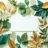 Fototapeta Perspektywa 3d - illustration of empty frame with decoration of various leaves on white background, design for frame, card, decoration and poster banner