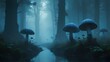 A mysterious mushroom forest, shrouded in mist and shadows, holds the promise of strange and fantastical creatures lurking within its depths.