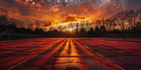 Wall Mural - A dramatic sunset over a basketball court, casting long shadows across the painted lines and hardwood surface.