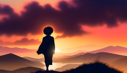 Poster - Digital painting of a woman with an afro hairstyle standing on a hill during a vibrant sunset.