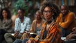 A young woman with curly hair and stylish glasses is seated confidently at the forefront of a cultural event, surrounded by a diverse group of attentive participants.