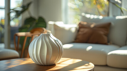 Wall Mural - Ceramic vase on wooden table in living room.