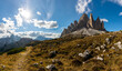 Panoramic photo of the famous Tre Cime peak in the Italian Dolomites in early autumn during beautiful sunny day