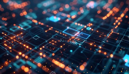 Poster - Intricate electronic circuit board with glowing orange nodes and blue background.