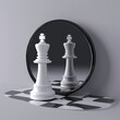 3d render, chess game king piece stands in front of the round mirror with pawn reflection. Contradiction metaphor. Perceptual distortion concept. Mental disorder condition. Minimalist, Generative AI 