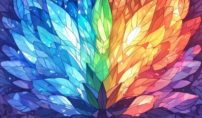 Wall Mural - Stained Glass style rainbow colors geometric shapes of leaves, symmetrical composition