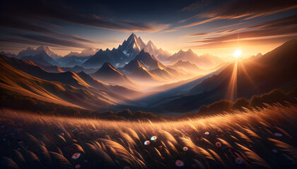 Wall Mural - Sunrise over a majestic mountain range, symbolizing new beginnings and endless possibilities.