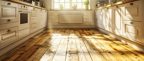 Wall Mural - Rustic Wooden Kitchen Table Set Against a Blurred Background, Inviting a Homely Feel