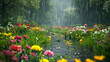 Vibrant Spring Scene with Blooming Flowers and Rain Showers
