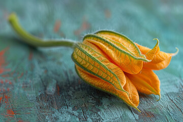 On the wooden table, a raw courgette flower with a selected focus.