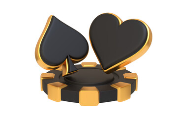 Wall Mural - A black casino chip adorned with a golden heart and spade symbols isolated on a white background representing card suits in gambling. 3D render illustration