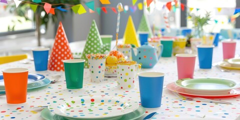 Wall Mural - A birthday party table setting with plates, cups, and party hats. 