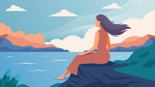  A Woman Sits Atop A Rocky Cliff Overlooking A Vast Ocean. The Gentle Breeze Blows Through Her Hair As She Meditates Her Mind Quiet And At