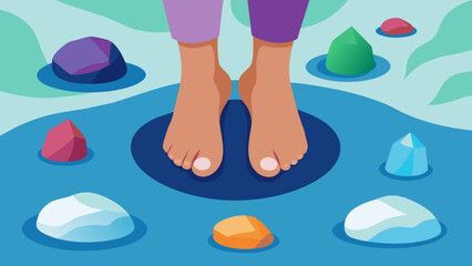  A closeup shot of a persons feet as they stand foot on a bed of smooth flat gemstones. The stones vary in color and shape creating a natural