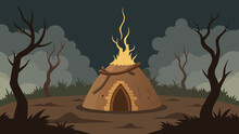  An Old Sweat Lodge Tucked Away In A Clearing Made Of Woven Branches And Covered With Animal Hides. Wisps Of Smoke Rise From A Pit In The Center