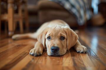 Wall Mural - golden retriever puppy laying on a wooden floor 