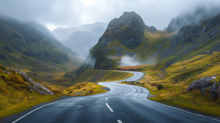 Wall Mural - beautiful view on foggy road in the mountains