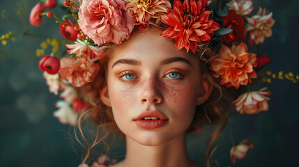 Wall Mural - portrait of beautiful girl with flowers on head