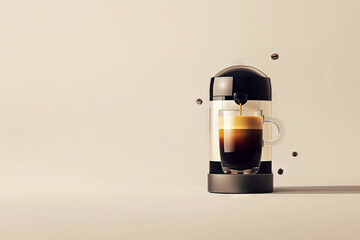 Coffee machine pouring coffee. Coffee machine and coffee mug. Coffee beans fly  around glass. Light yellow background, space for text. 