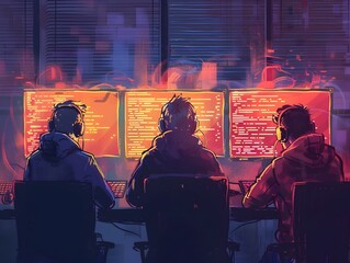 Aufkleber - a group of software developers deeply engaged in a coding marathon their eyes fixed on the glowing s