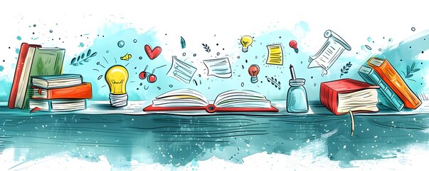 Poster - education through technology accessible online learning platform with illustrated elements