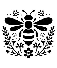 Wall Mural - Bee with flowers and leaves black vector tattoo stamp silhouette honey label beekeeping beekeeper business card logo style illustration