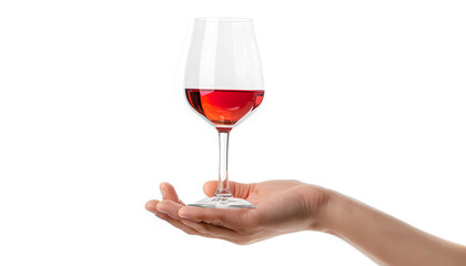 hand holding red wine glass isolated on white background