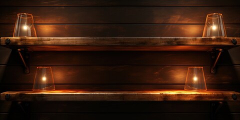 Poster - Illuminated Wooden Shelves on Transparent Background Generative AI