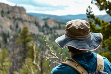 Wall Mural - hiker in a boonie hat with a backdrop of mountain scenery