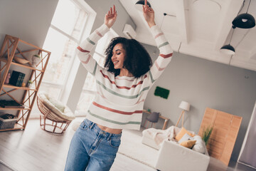 Wall Mural - Photo of good mood adorable lady dressed striped pullover having fun indoors apartment room