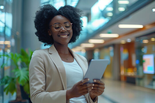 Portrait of a Young Empowered Black Female Business Manager Working on a Tablet Computer in a Modern Office Building. Confident African Specialist Looking Up Documents Online And Smiling In the Hall