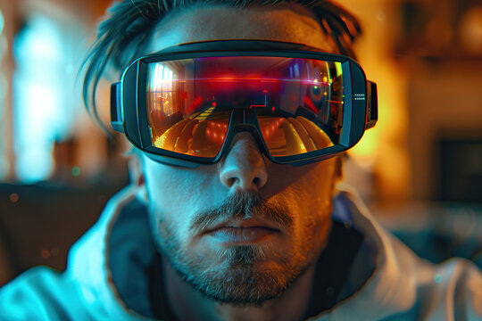 Closeup Portrait Of Caucasian man Wearing Augmented Reality Glasses And Surfing Multimedia all in one Entertainment, TV, Videos, Video Game Playing, Online Shopping. AR Interface Visualization.