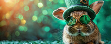 Cute Rabbit Wearing A St Patricks Day Hat And Sunglasses. St Patricks Day Sale Or Party Banner.