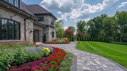 Luxury landscape of wide beautiful garden design with green manicured lawn, beautiful flower beds and path